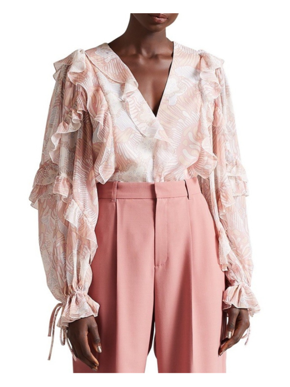 Ted Baker Siela Pink Metallic Printed Ruffled Romantic Blouse Top 2